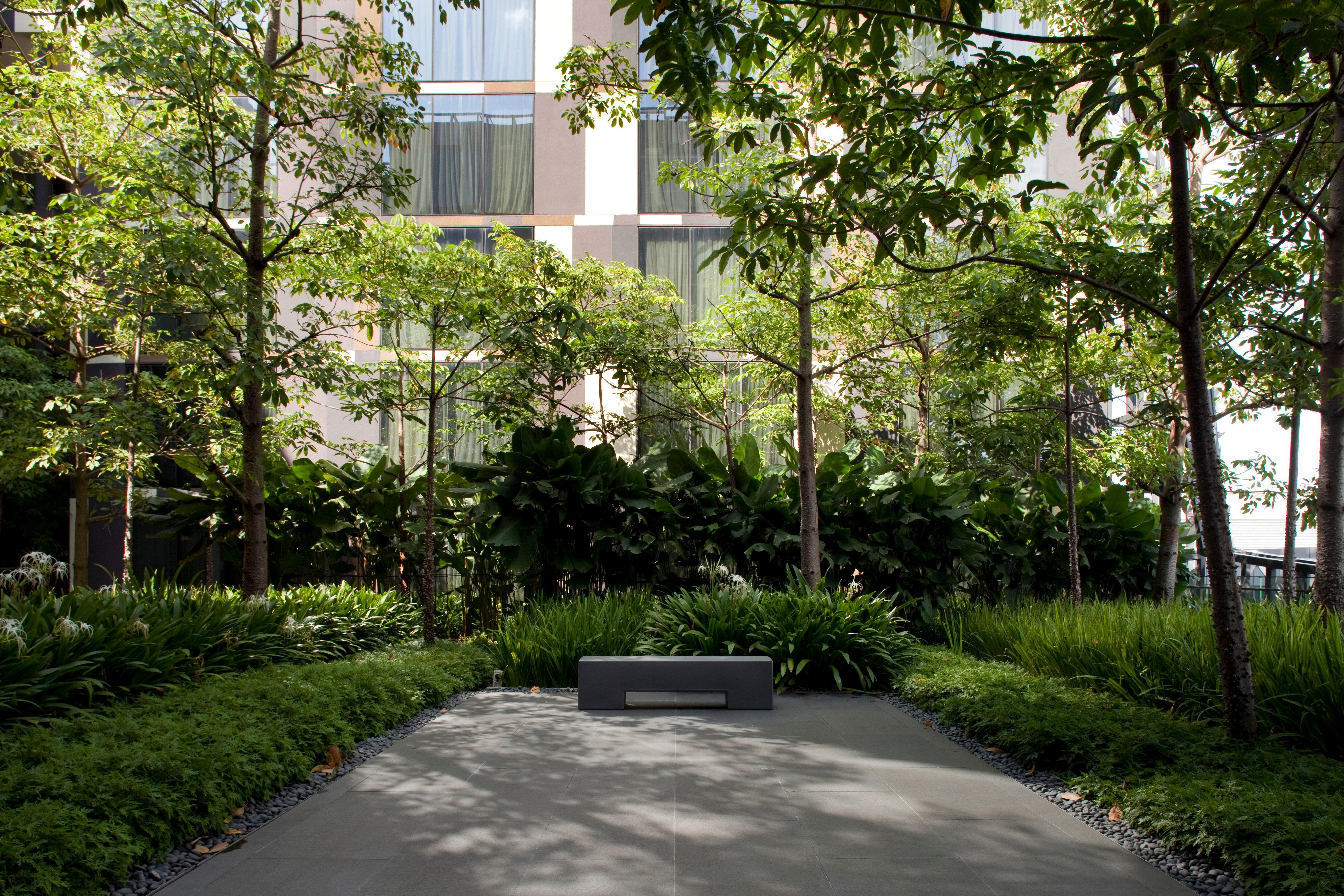 Crowne Plaza Changi Airport By Ihg Singapore Exterior photo The photo shows a landscaped area featuring several trees and lush greenery. In the foreground, there is a smooth, paved surface with a minimalist bench. Surrounding the bench are various plants and grasses, creating a serene and inviting atmosphere.